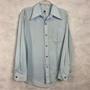 Vintage 70s Mohawk Button Down Shirt Men’s Large Blue Long Sleeve Flaw